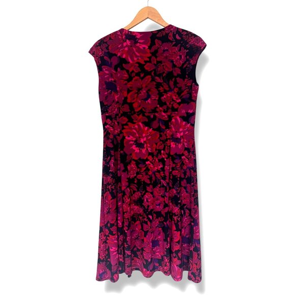Chaps Fuchsia Purple Red Floral Print Dress Size Large Jersey Summer Wedding - Picture 3 of 6